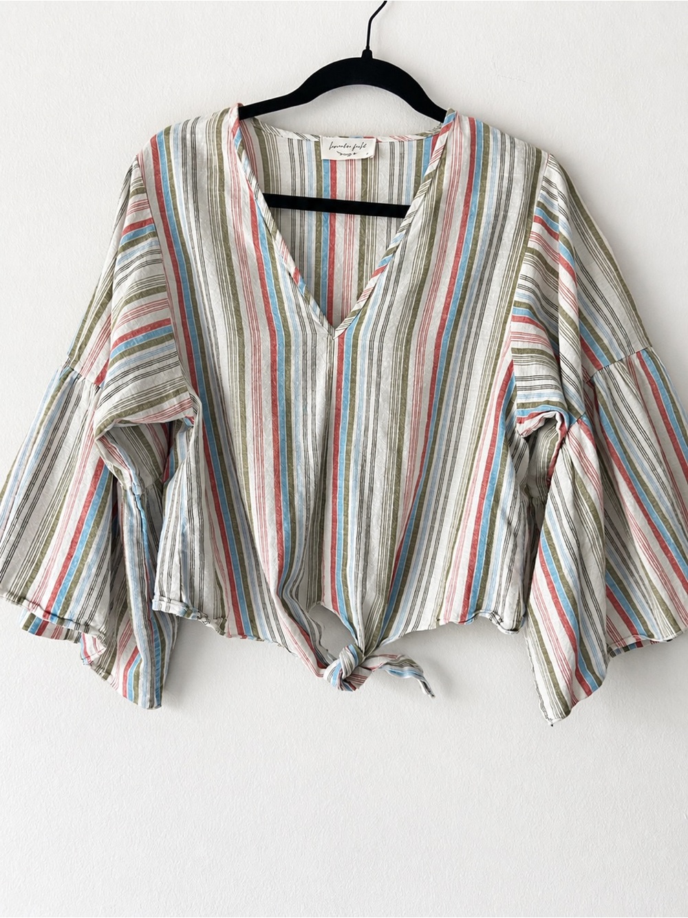 Lavender Field Striped Tie Front Bell Sleeve Cotton Boho Blouse Size S
